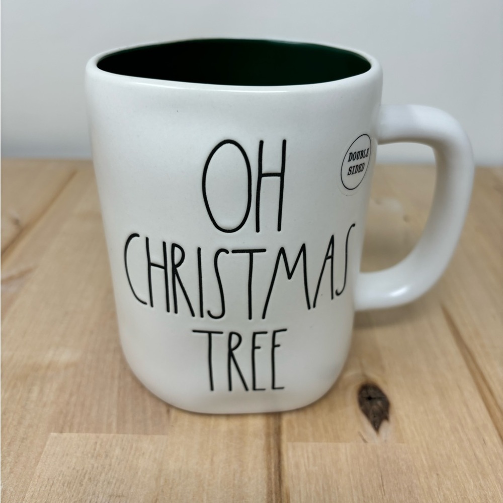 Rae Dunn OH CHRISTMAS TREE Mug Double Sided Green Inside with Decor on the Back